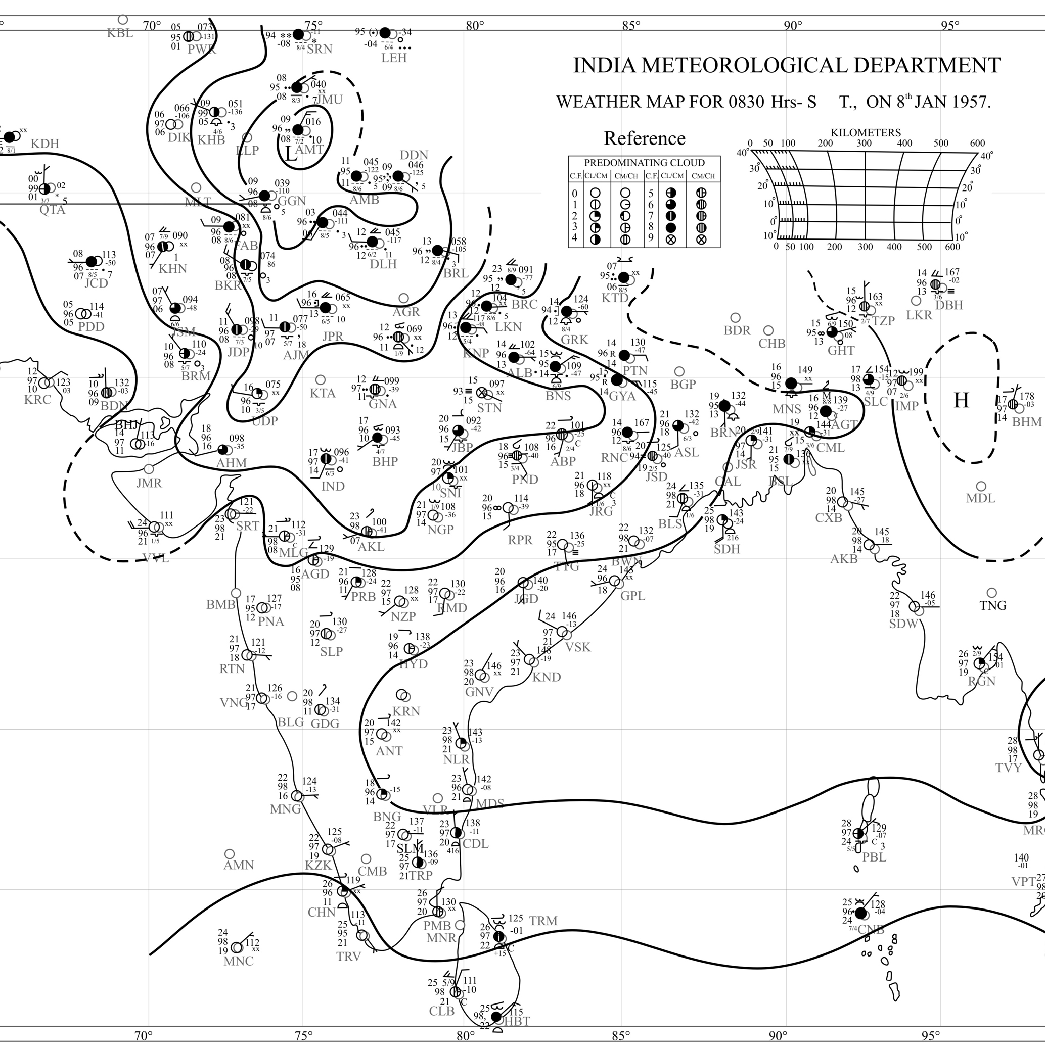 आ. ३. भारत व आसपपसचा प्रेदश या क्षेत्राचे विश्र्लेषण केलेला भूपृष्ठीय हवामान नकाशाचा एक नमुना